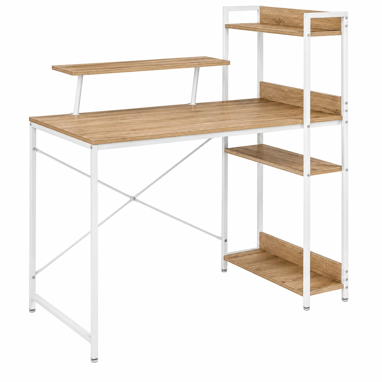 Escritorio moderno con estanteria lateral y soporte elevado estilo industrial madera y blanco- warmiro