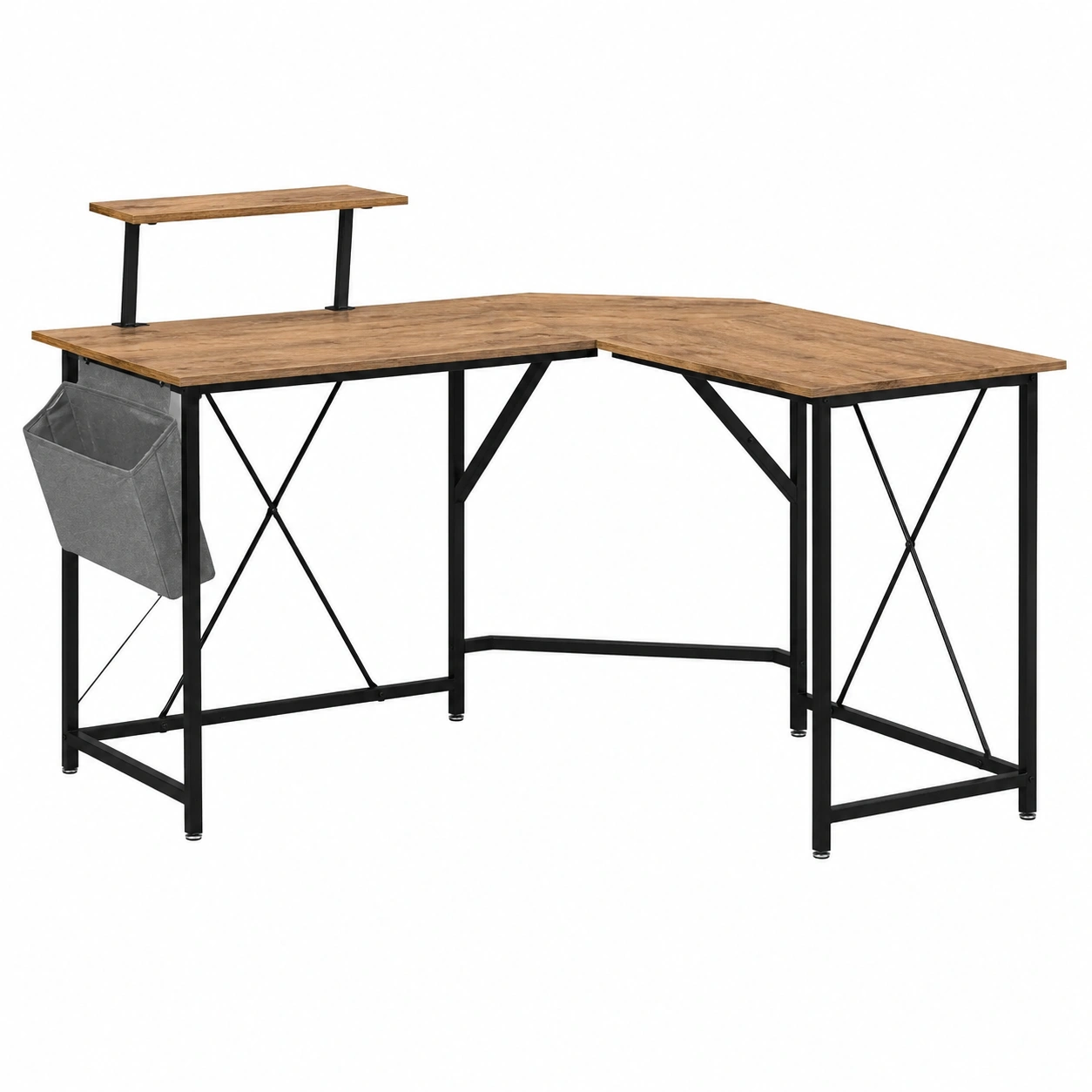 Escritorio esquinero industrial con estante elevado Marron rustico y negro- warmiro