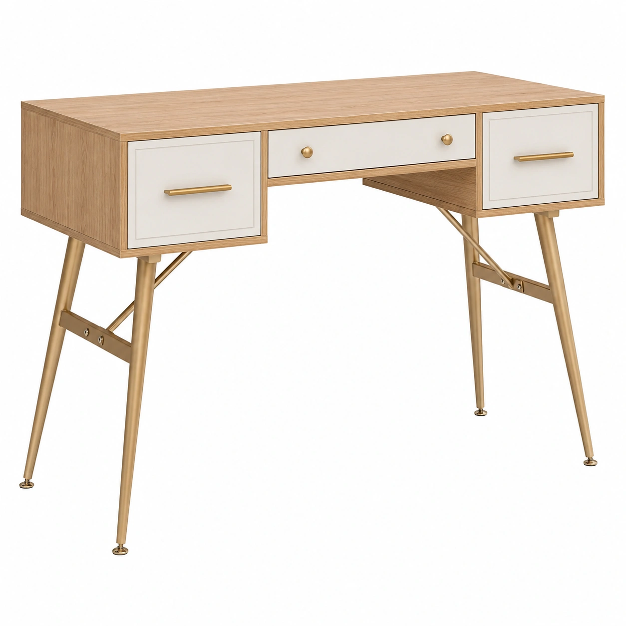 Escritorio elegante con cajones laterales y patas metalicas doradas estilo moderno- warmiro