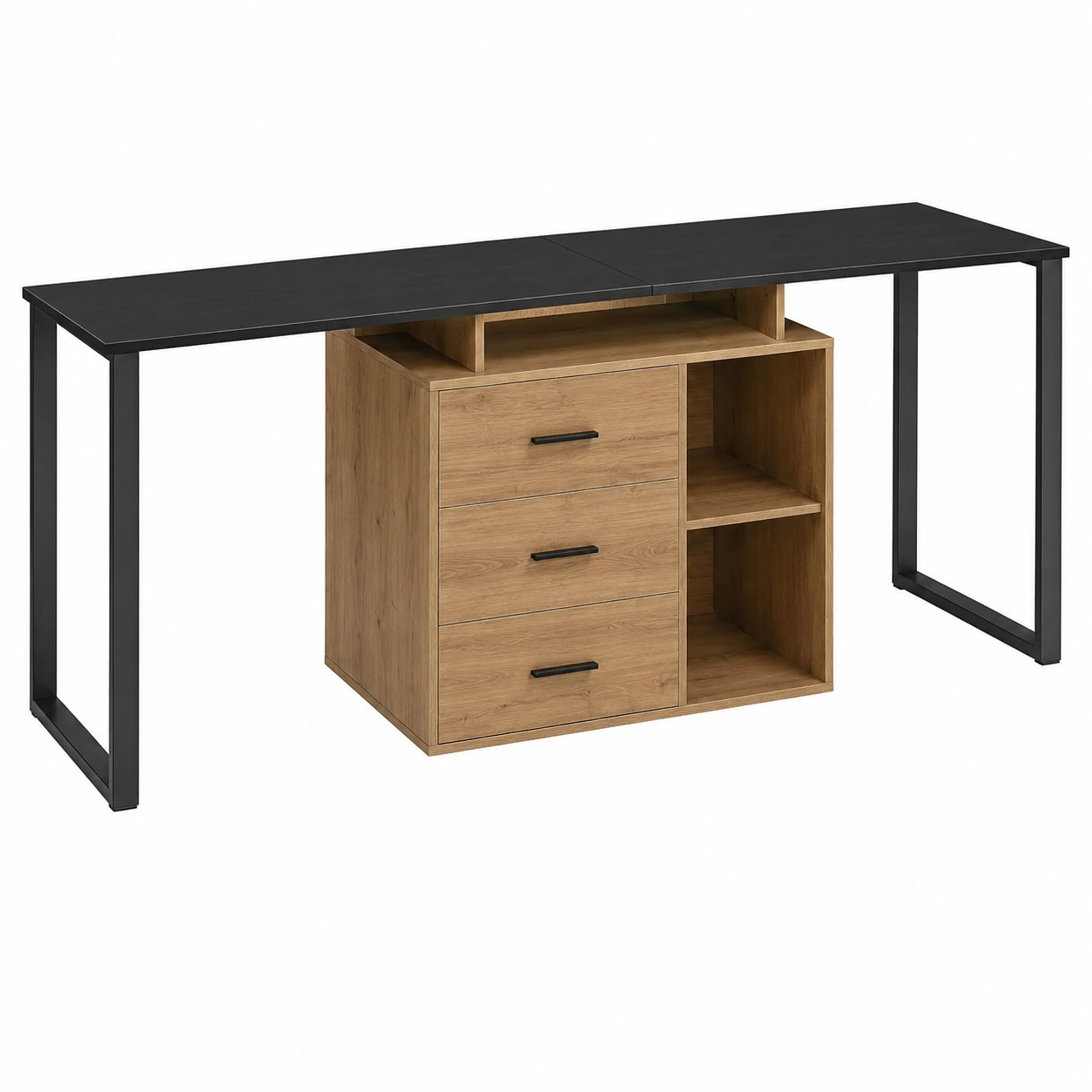 Mesa de escritorio extensible con cajonera central y estanterias laterales- warmiro