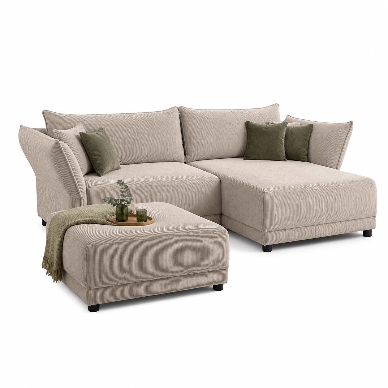 Modernes Wohnlandschaft Sofa mit Ottomane Cord Beige 279 cm-furnazio 