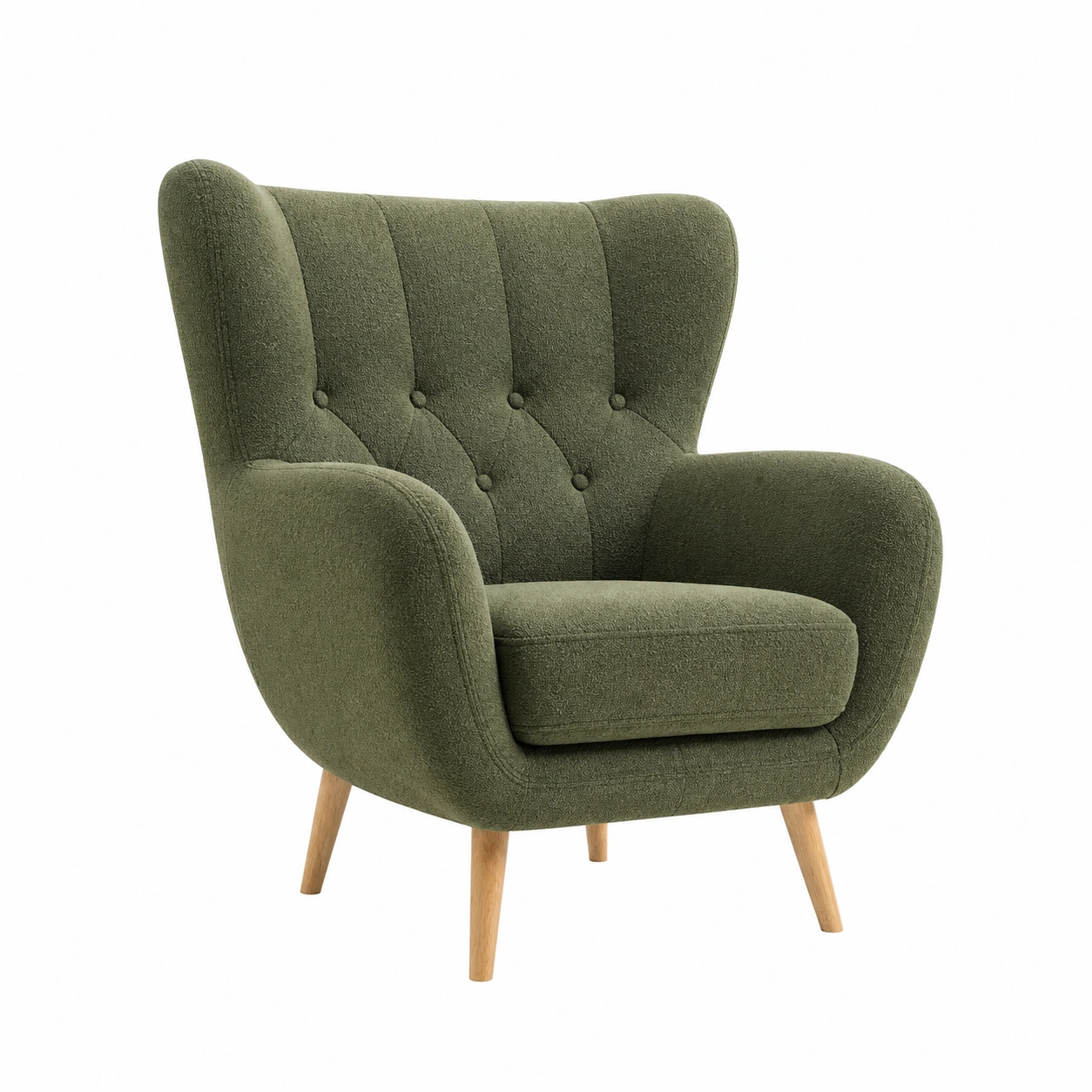 Ohrensessel Vintage Stil mit hoher Rueckenlehne und Holzfuessen Olivgruen Boucle Stoff-furnazio 