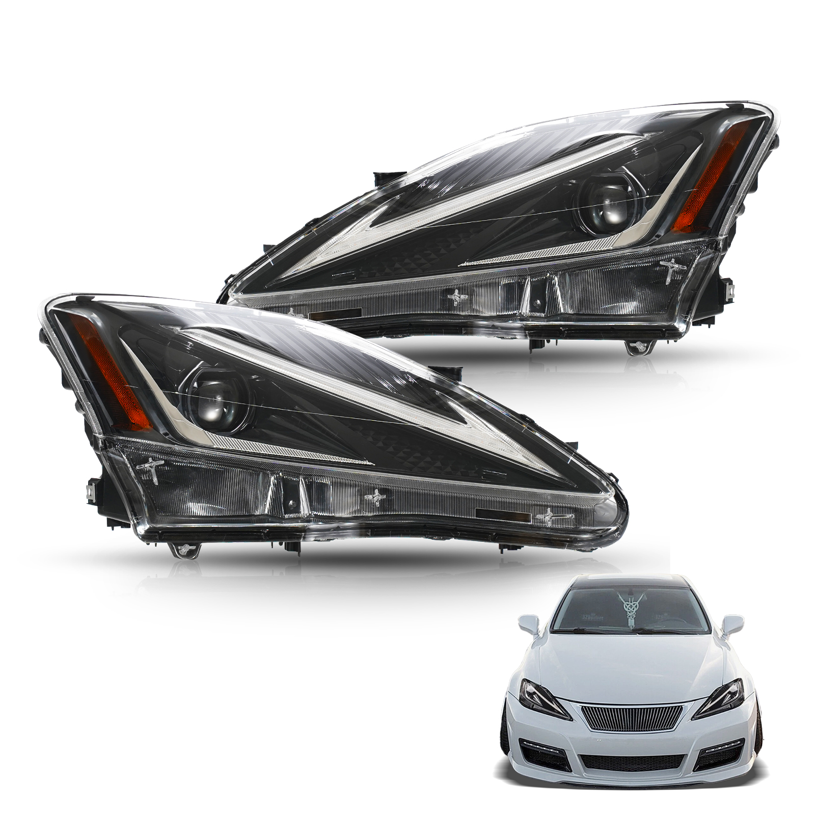 LED Headlight Assembly Compatible with New Pair LED DRL Sequential Headlight Signal For 2006-2013 IS250 IS350