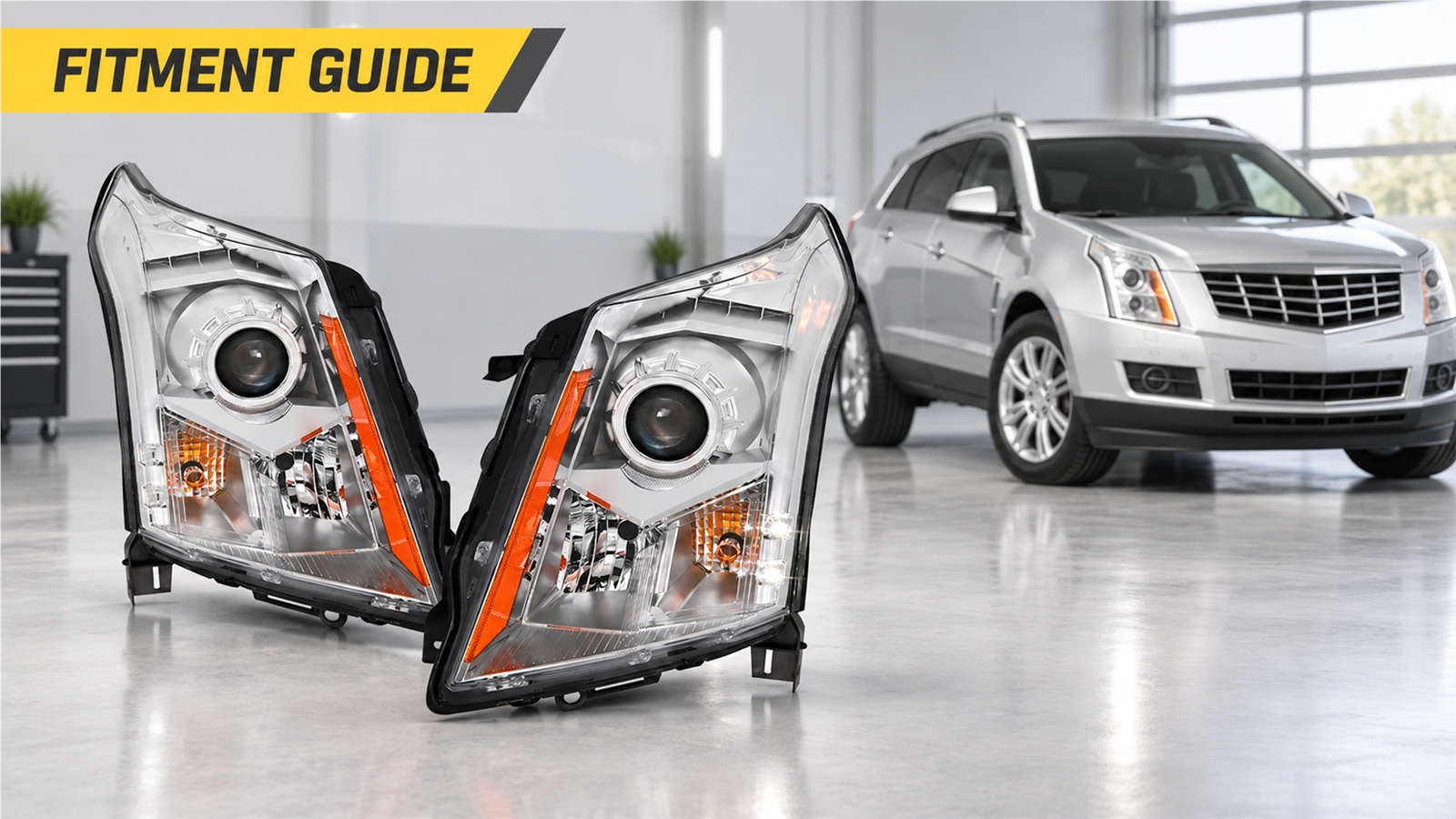 Pair of Cadillac SRX-style halogen projector headlight assemblies in a neutral automotive studio