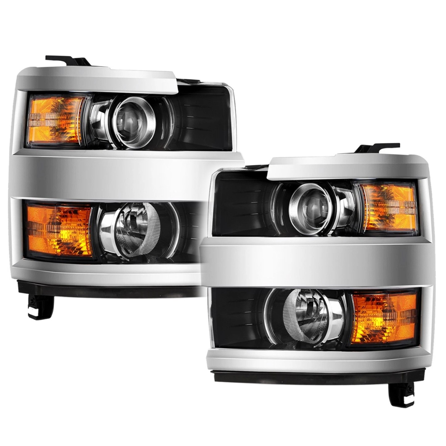 Left and right chrome-trim halogen headlight assemblies for a 2015&ndash;2019 Chevy Silverado HD