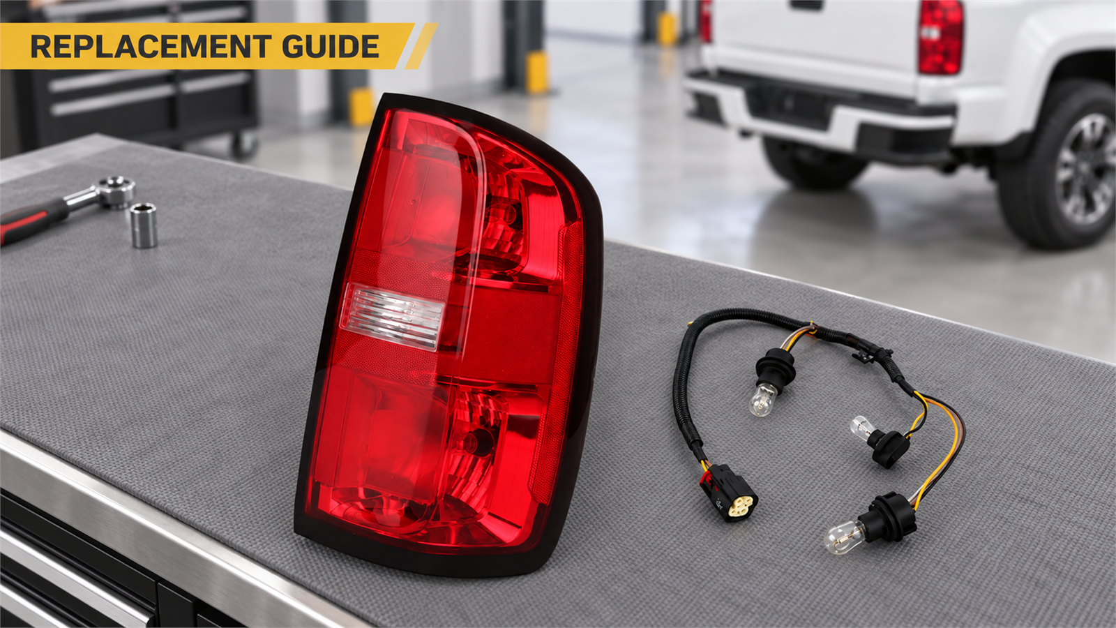 Passenger-side red tail light assembly and wiring harness prepared on an automotive workbench