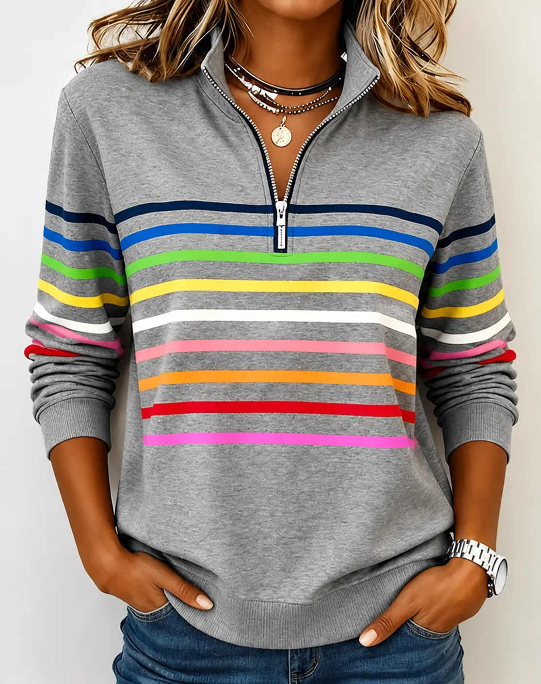 🛒Clearance Sale🔥 Women's Vibrant Striped Half-Zip Casual Sweatshirt