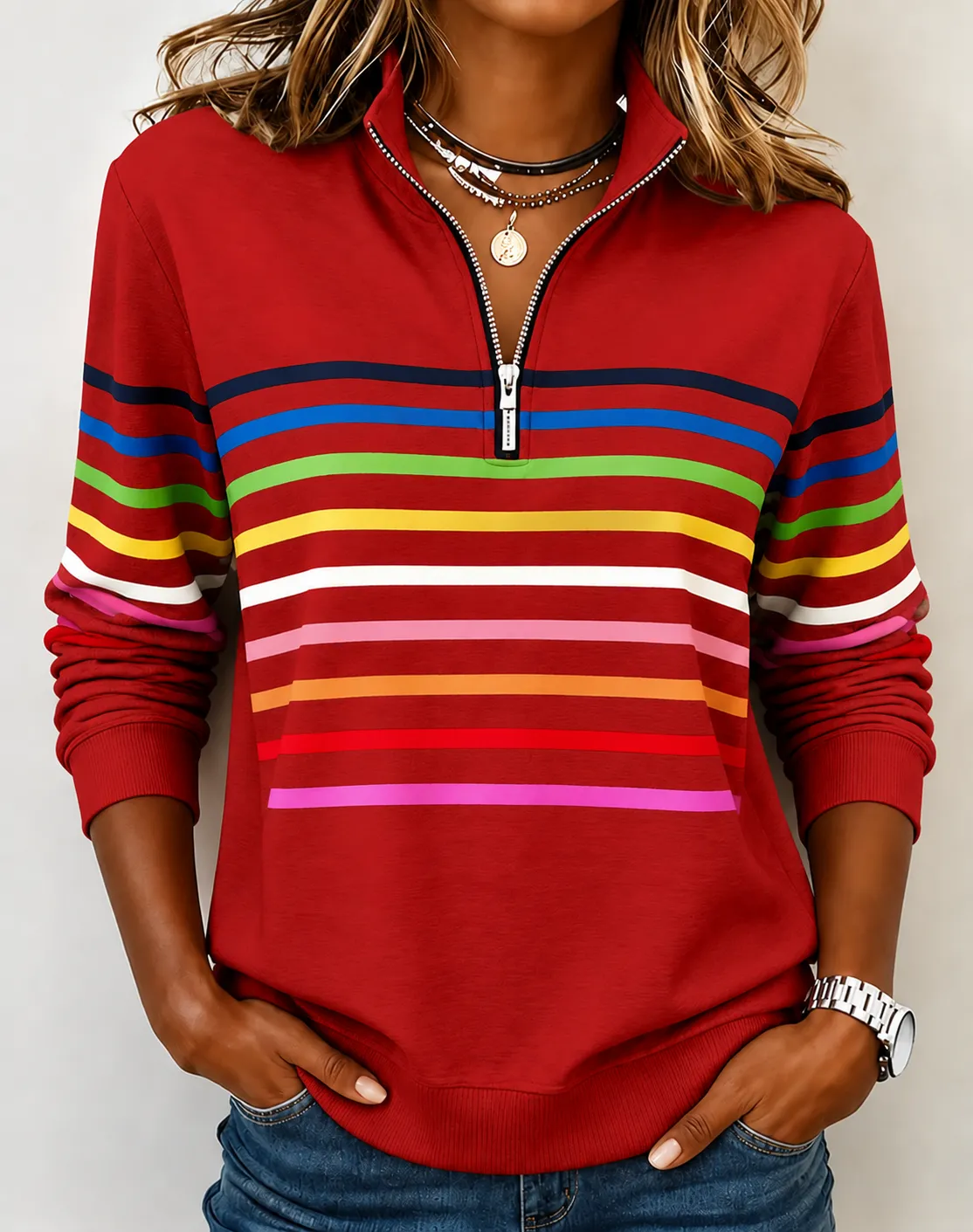 🛒Clearance Sale🔥 Women's Vibrant Striped Half-Zip Casual Sweatshirt