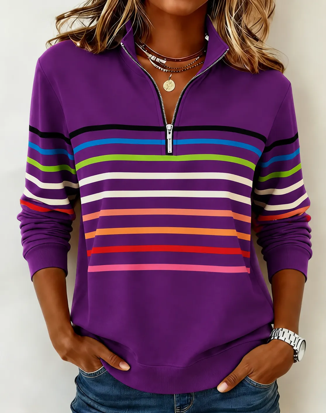 🛒Clearance Sale🔥 Women's Vibrant Striped Half-Zip Casual Sweatshirt