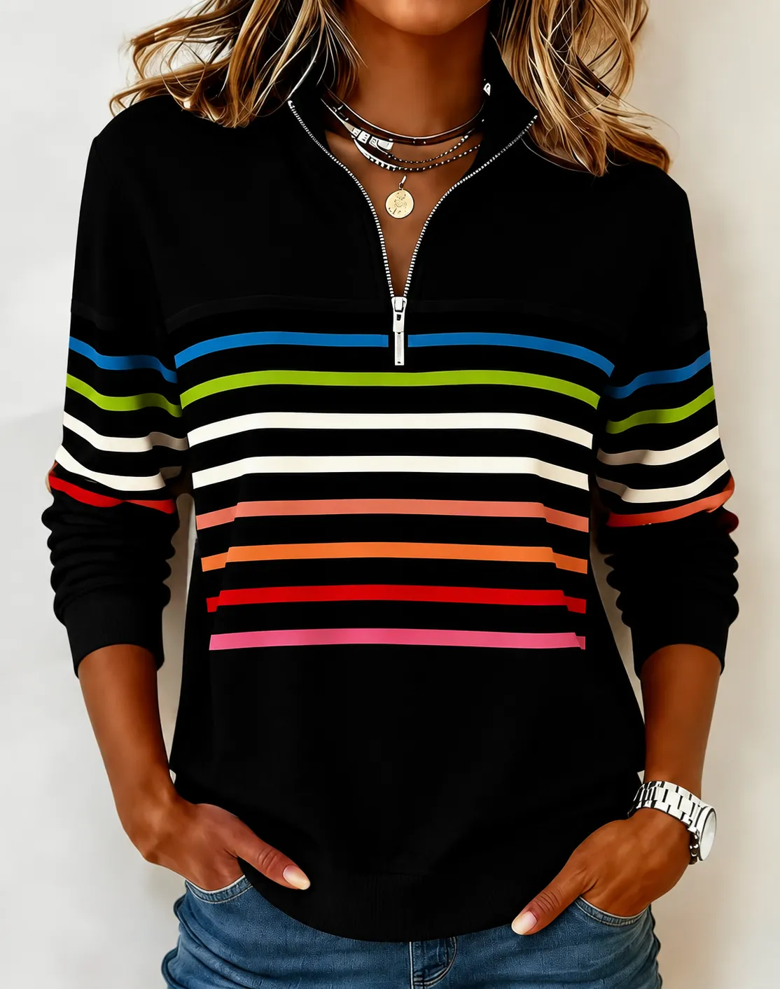 🛒Clearance Sale🔥 Women's Vibrant Striped Half-Zip Casual Sweatshirt