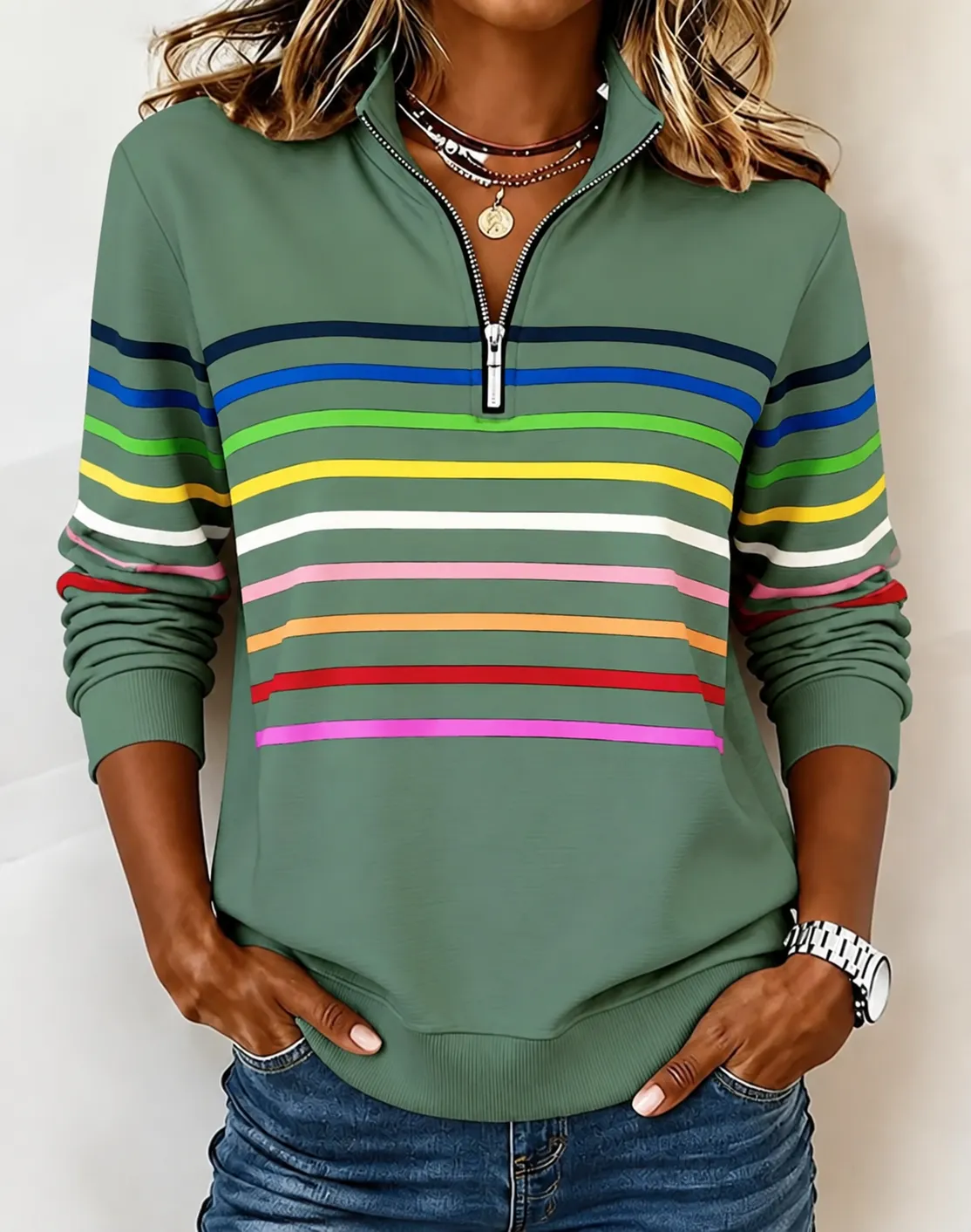 🛒Clearance Sale🔥 Women's Vibrant Striped Half-Zip Casual Sweatshirt