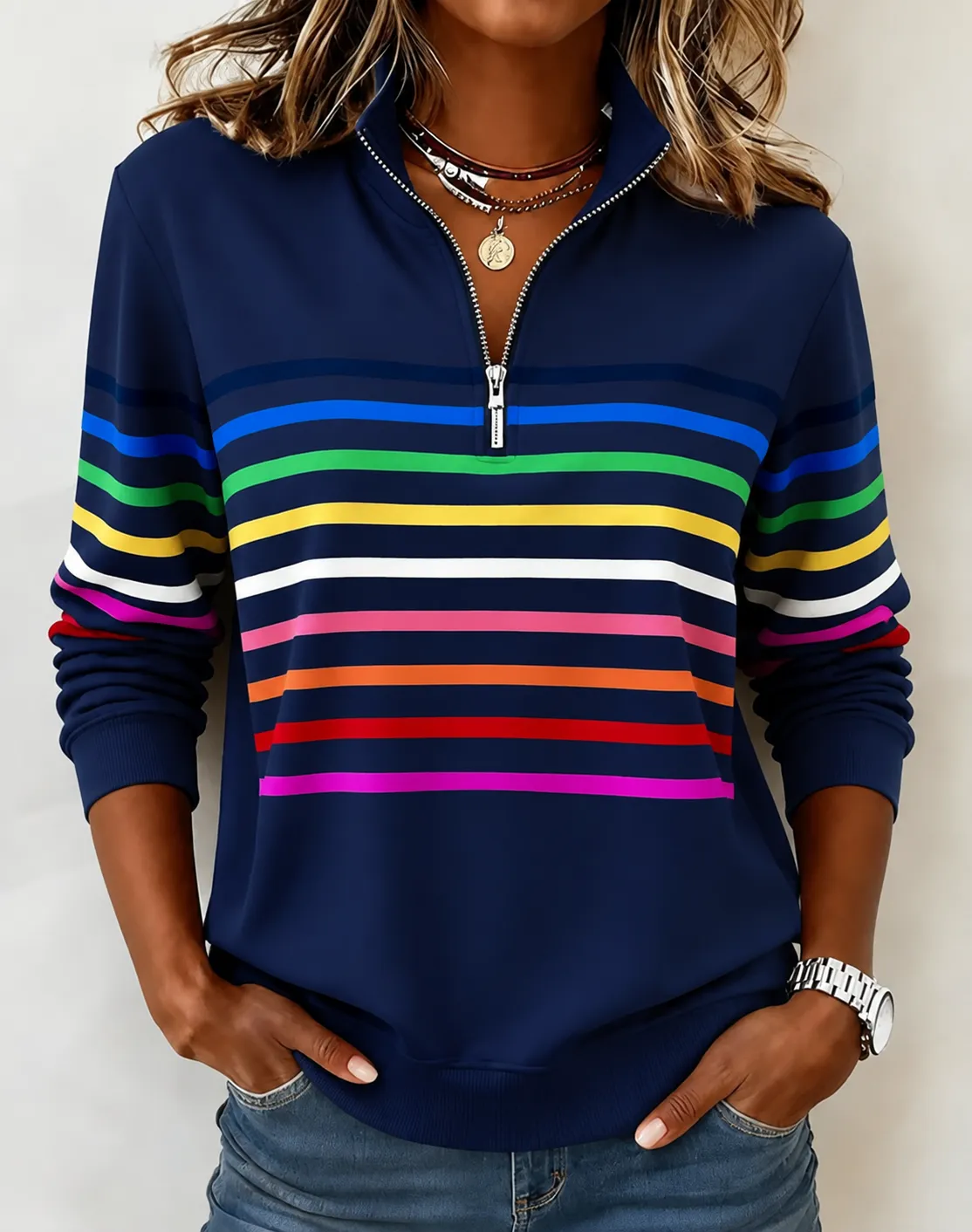 🛒Clearance Sale🔥 Women's Vibrant Striped Half-Zip Casual Sweatshirt