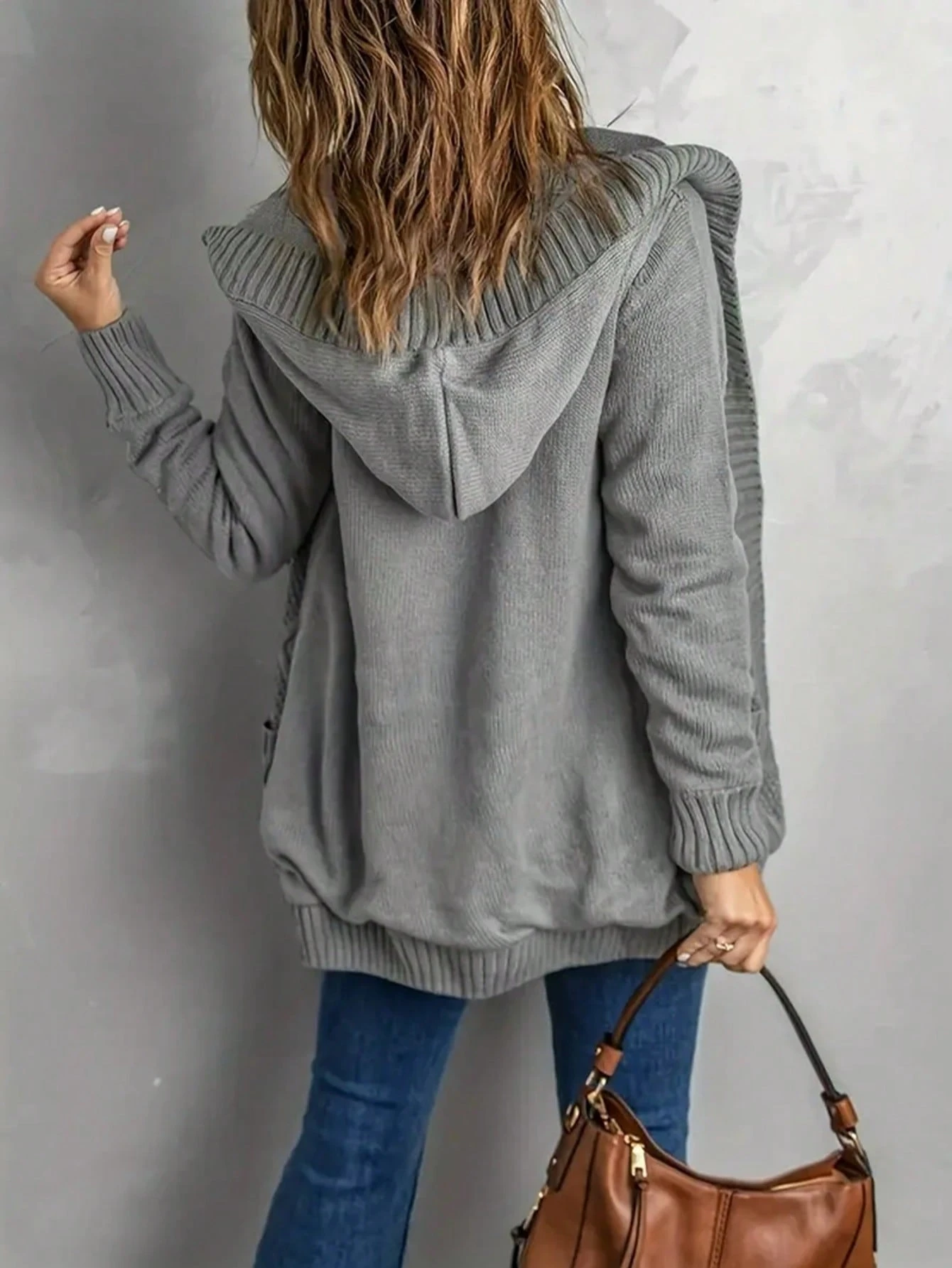 Women Plus Size Solid Color Pocket Jacket Elegant Casual Mature Long Sleeve Cardigan With Hood