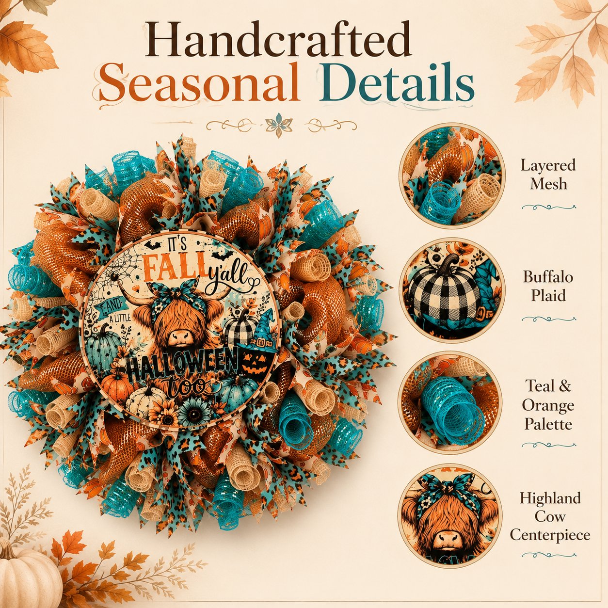 🐮🍂 Highland Cow Fall Halloween Wreath – Cozy Autumn Front Door Decor🚪🎁