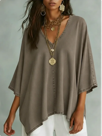 Women’s Relaxed V-Neck Chambray Blouse – Loose Fit & Plus-Size Friendly