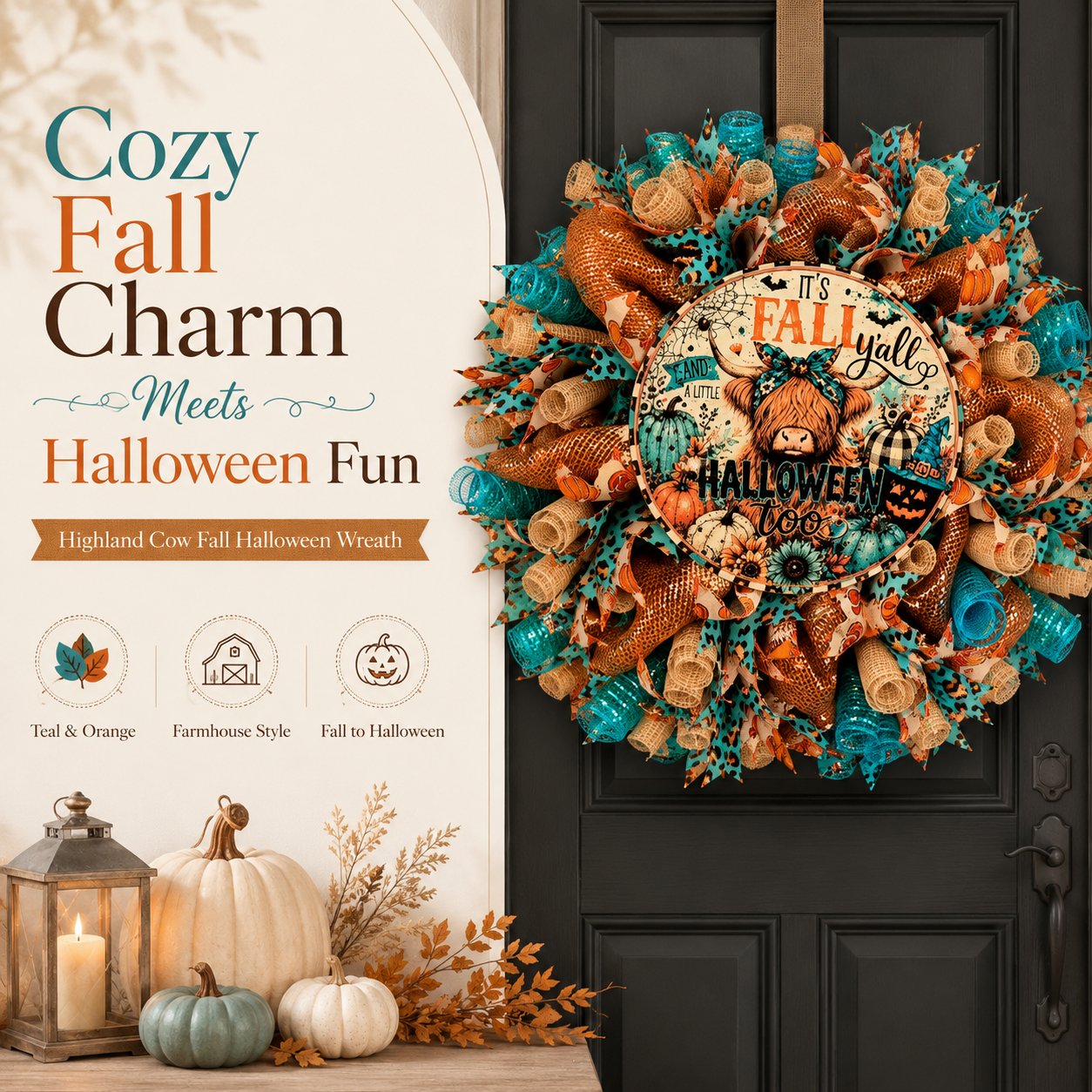🐮🍂 Highland Cow Fall Halloween Wreath – Cozy Autumn Front Door Decor🚪🎁
