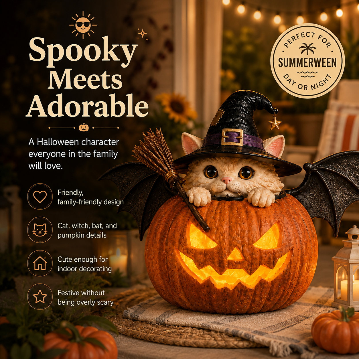 Summerween Lighted Witch Cat Pumpkin Decor with Flickering LED Timer