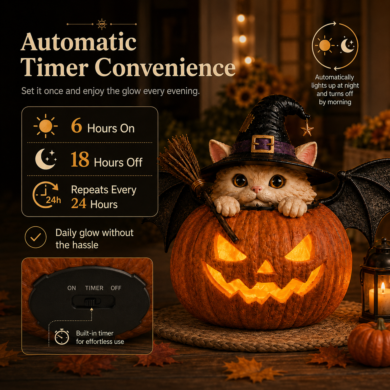 Summerween Lighted Witch Cat Pumpkin Decor with Flickering LED Timer