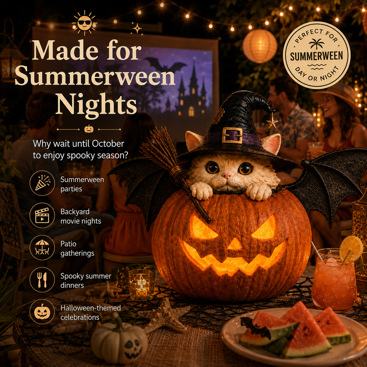 Summerween Lighted Witch Cat Pumpkin Decor with Flickering LED Timer