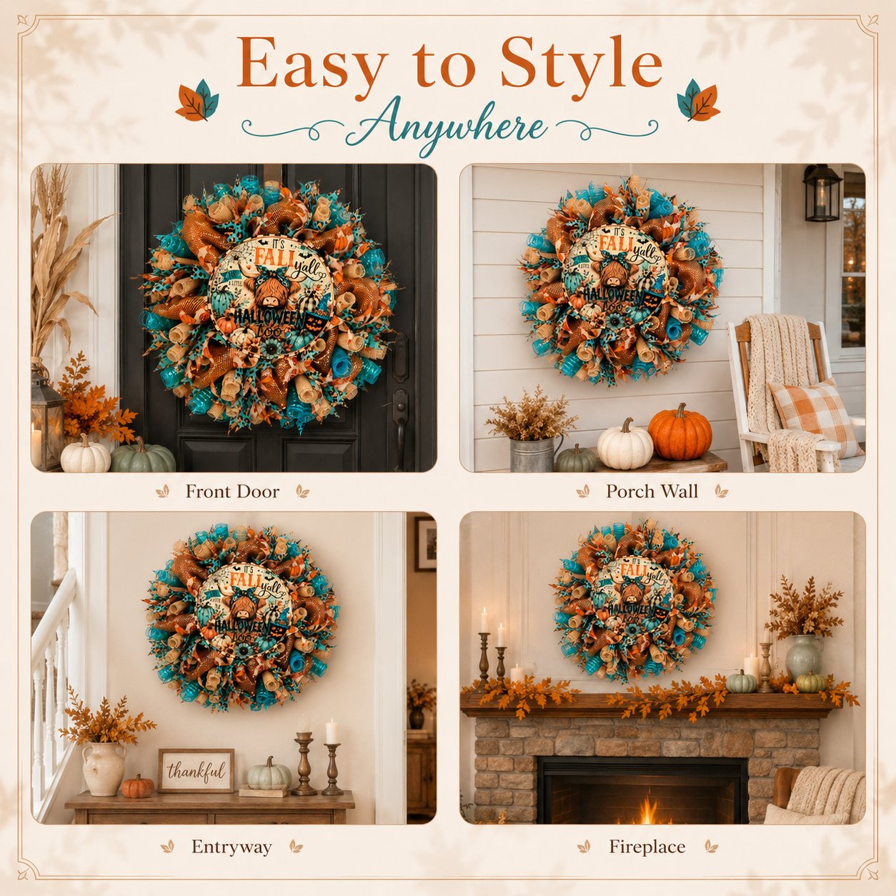 🐮🍂 Highland Cow Fall Halloween Wreath – Cozy Autumn Front Door Decor🚪🎁