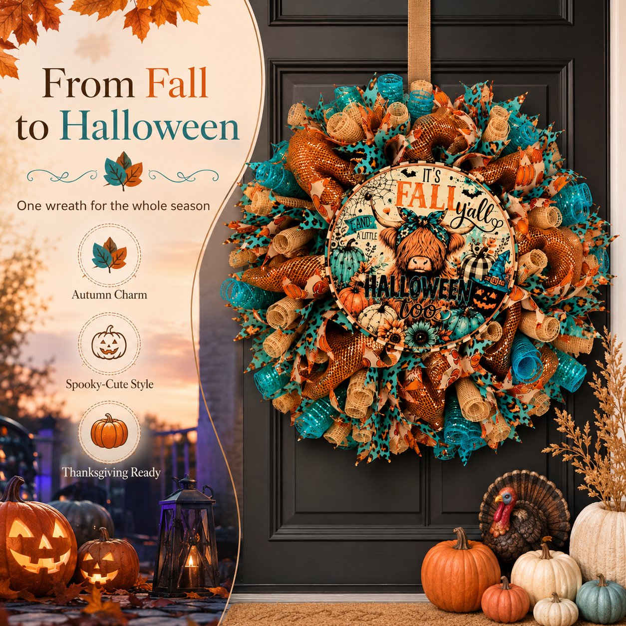 🐮🍂 Highland Cow Fall Halloween Wreath – Cozy Autumn Front Door Decor🚪🎁