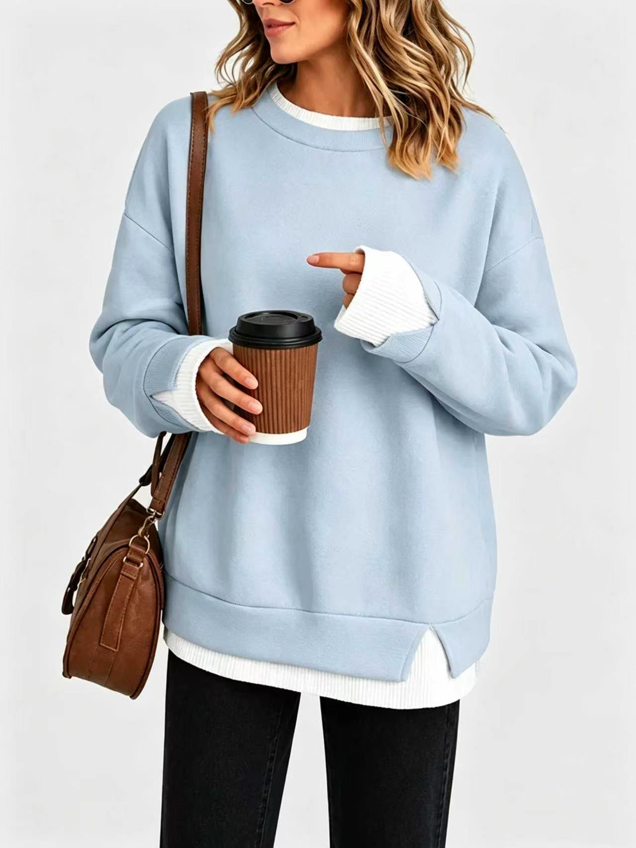 Women's Fake Two Piece Layered Crewneck Sweatshirt