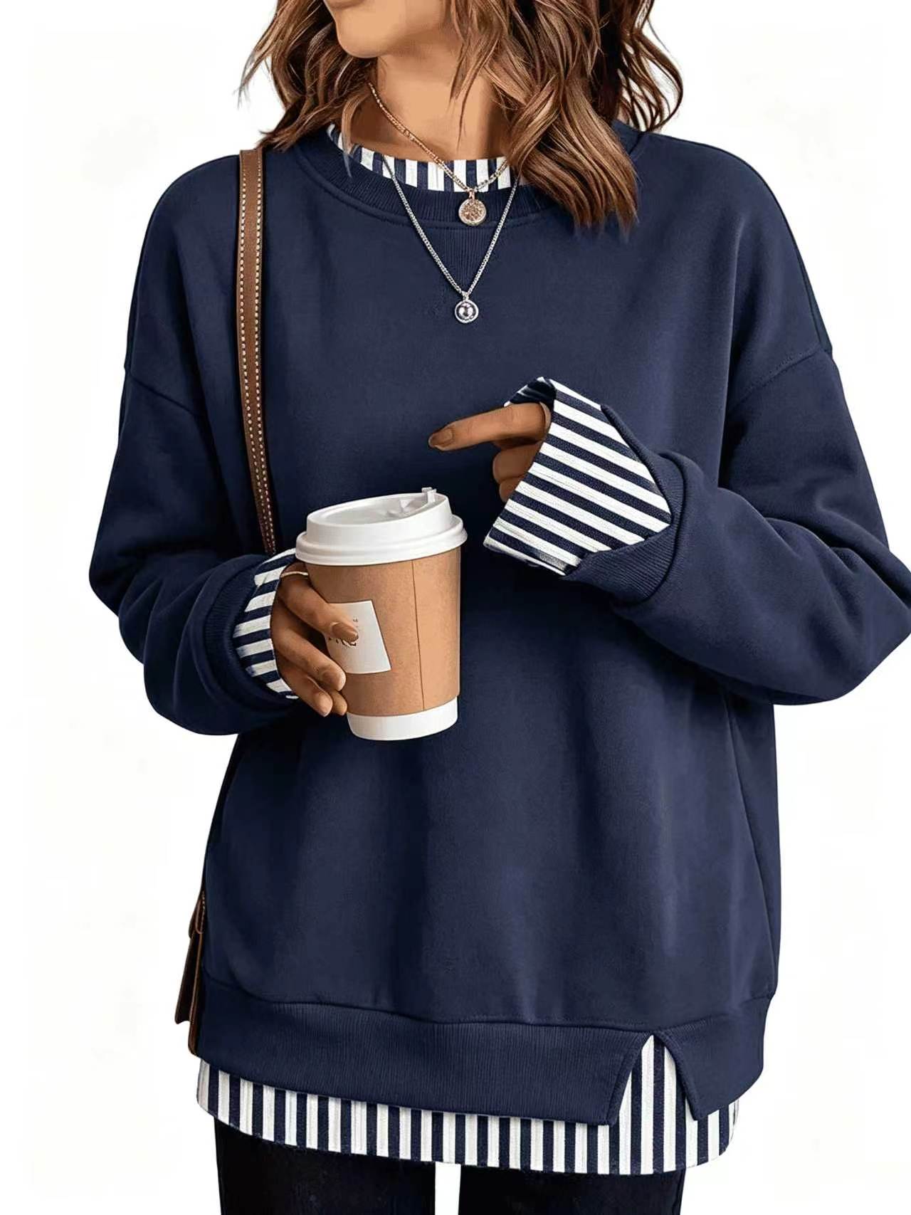 Women's Fake Two Piece Layered Crewneck Sweatshirt