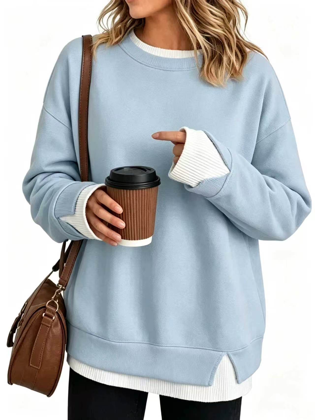 Women's Fake Two Piece Layered Crewneck Sweatshirt