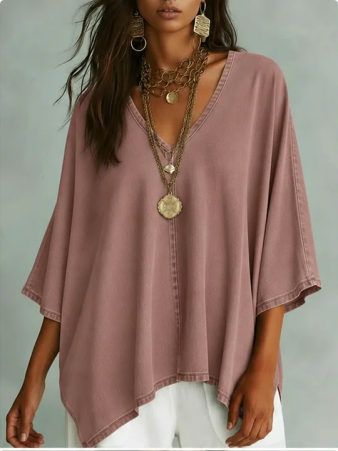 Women’s Relaxed V-Neck Chambray Blouse – Loose Fit & Plus-Size Friendly