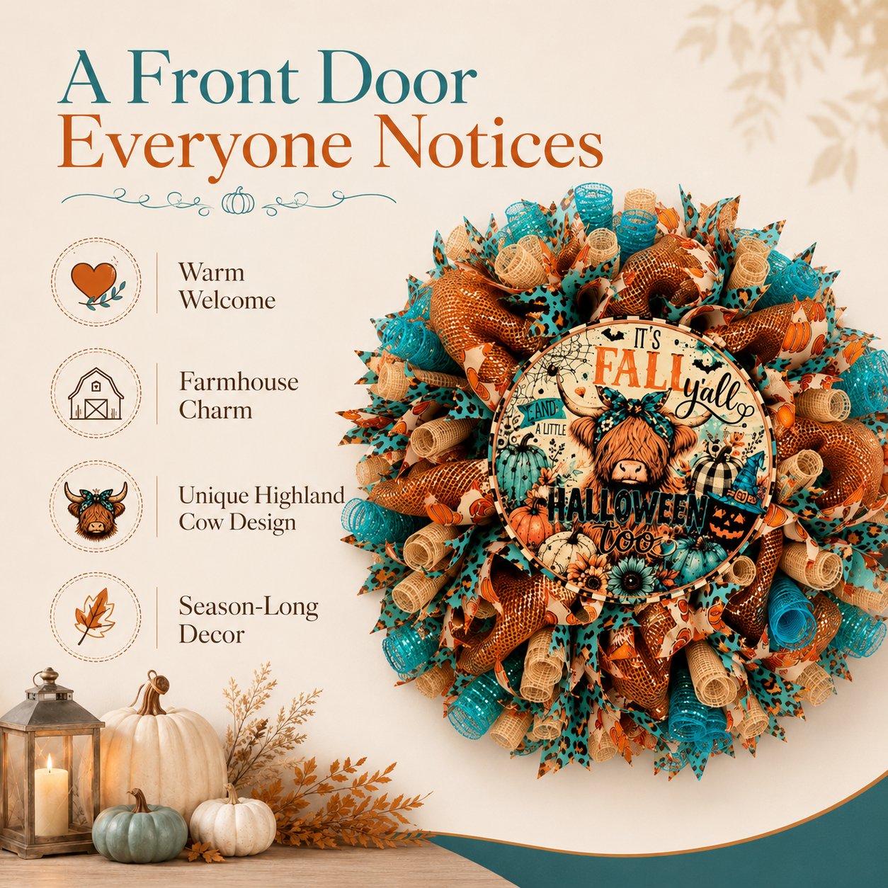 🐮🍂 Highland Cow Fall Halloween Wreath – Cozy Autumn Front Door Decor🚪🎁