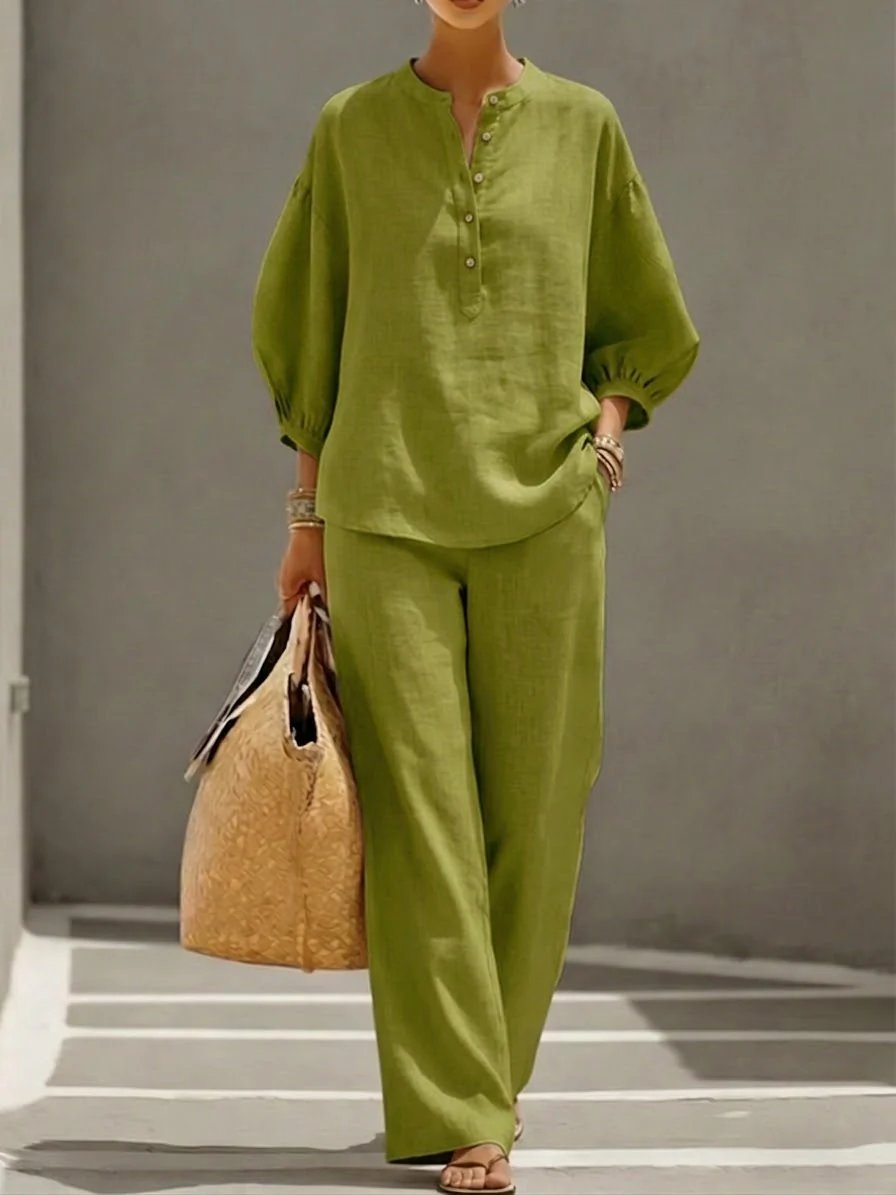 Casual Linen And Cotton Two-piece Set