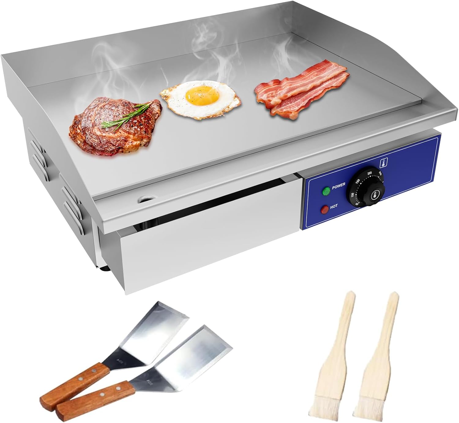 Plancha Eléctrica Profesional de Acero Inoxidable 55 x 35,5 cm - Parrilla Comercial de 3000W con Dos Zonas de Cocción Termostato y Bandeja Recuperadora-Palolyhaven
