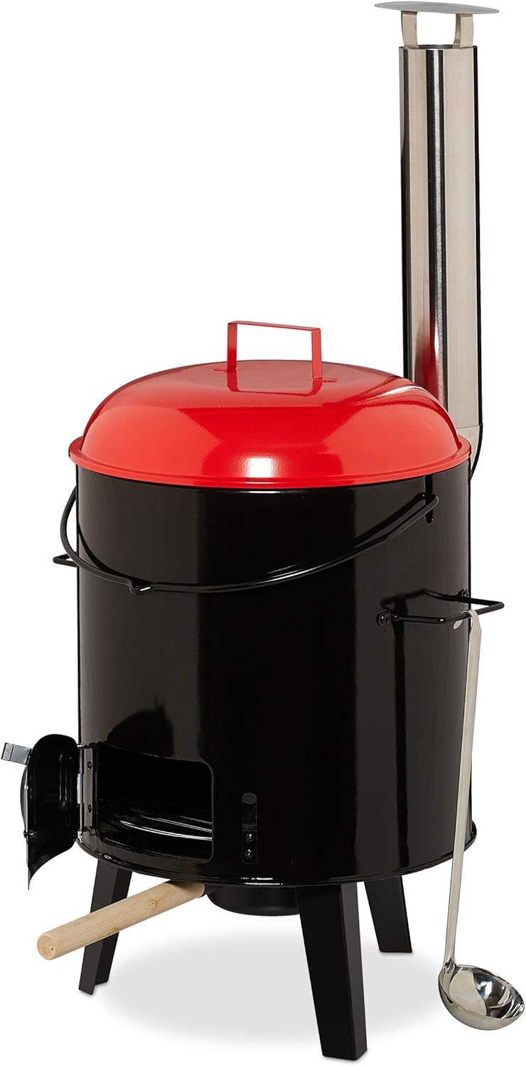 Relaxdays barbacoa portatil con olla esmaltada 14 litros madera carbon camping exterior rojo negro - barbacoa portatil camping - coccion con olla-Palolyhaven