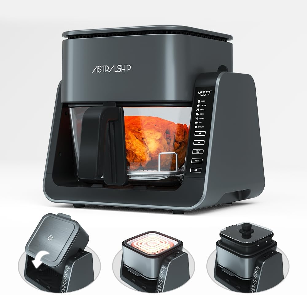 Astralship freidora de aire vidrio 2 en 1 grill 5.5 cuartos cocción visible 360 grados 7 preajustes sin teflón cocina saludable - freidora de aire con cámara visible - grill multifunción doméstico-Palolyhaven