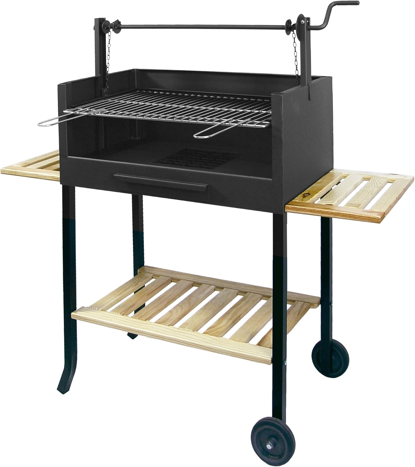 Barbacoa carbón con ruedas 73 x 40 x 117 cm - elevador - parrilla cincada - bandejas madera-Palolyhaven