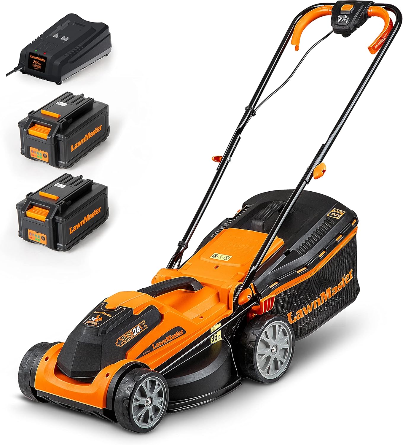LawnMaster CLMF2434G Cortacesped Bateria 24V 34cm 300m2 6 Niveles Altura 32L Jardin Residencial Compacto Ligero - Cortacesped LawnMaster-Palolyhaven