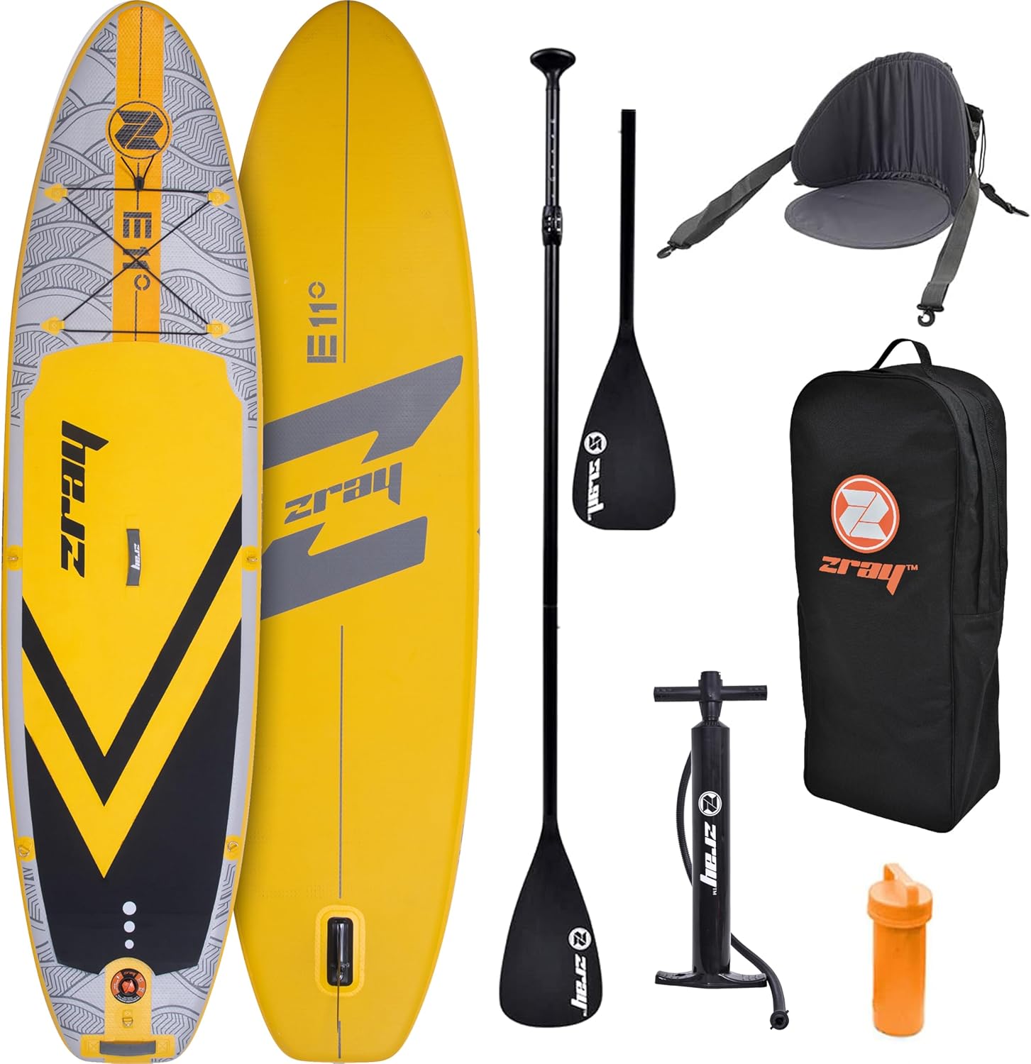 Tabla Paddle Surf Hinchable Zray E11 Combo 335x84x12 cm - SUP con Asiento de Kayak y Remo - Amarillo Negro Gris - Capacidad 122 kg-Palolyhaven