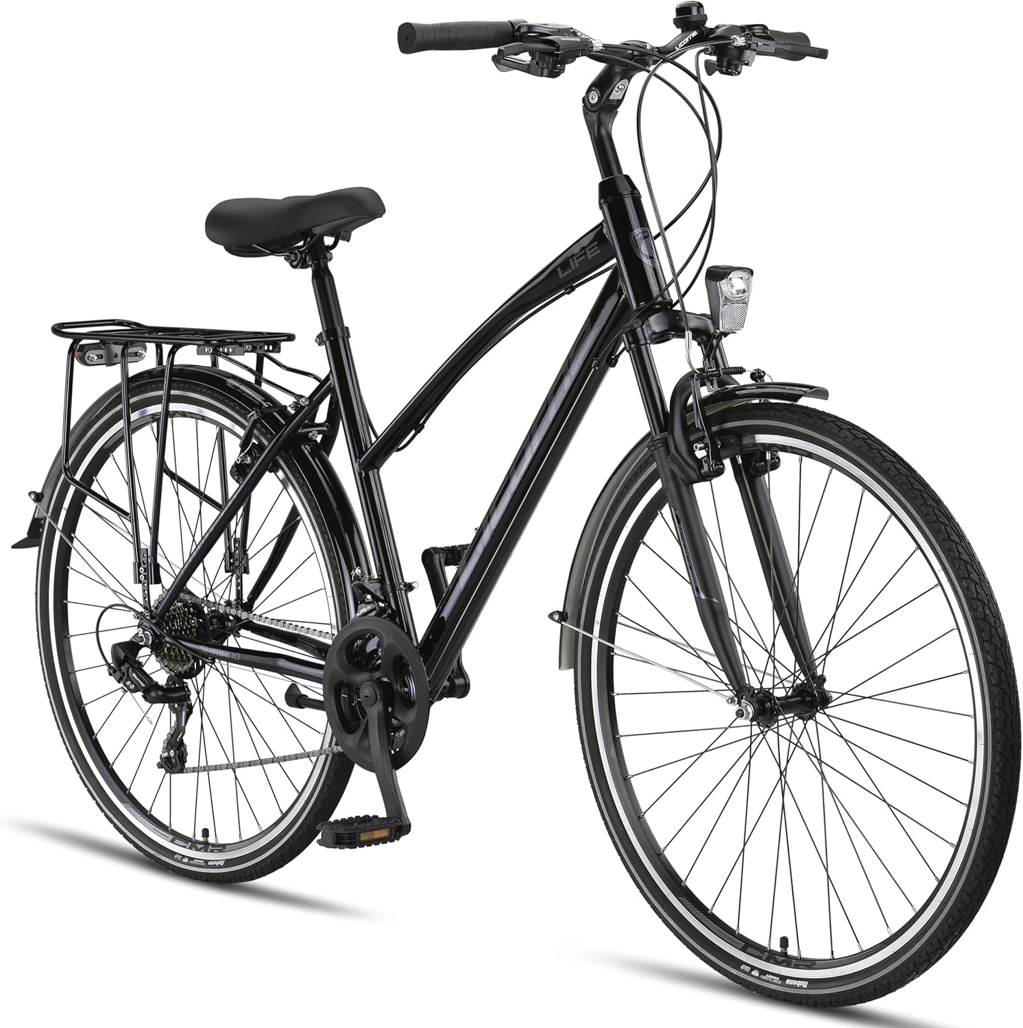 Licorne Bike Bicicleta de trekking premium 28 pulgadas - 21 velocidades - suspensión delantera y trasera - color negro y gris - con portaequipajes-Palolyhaven