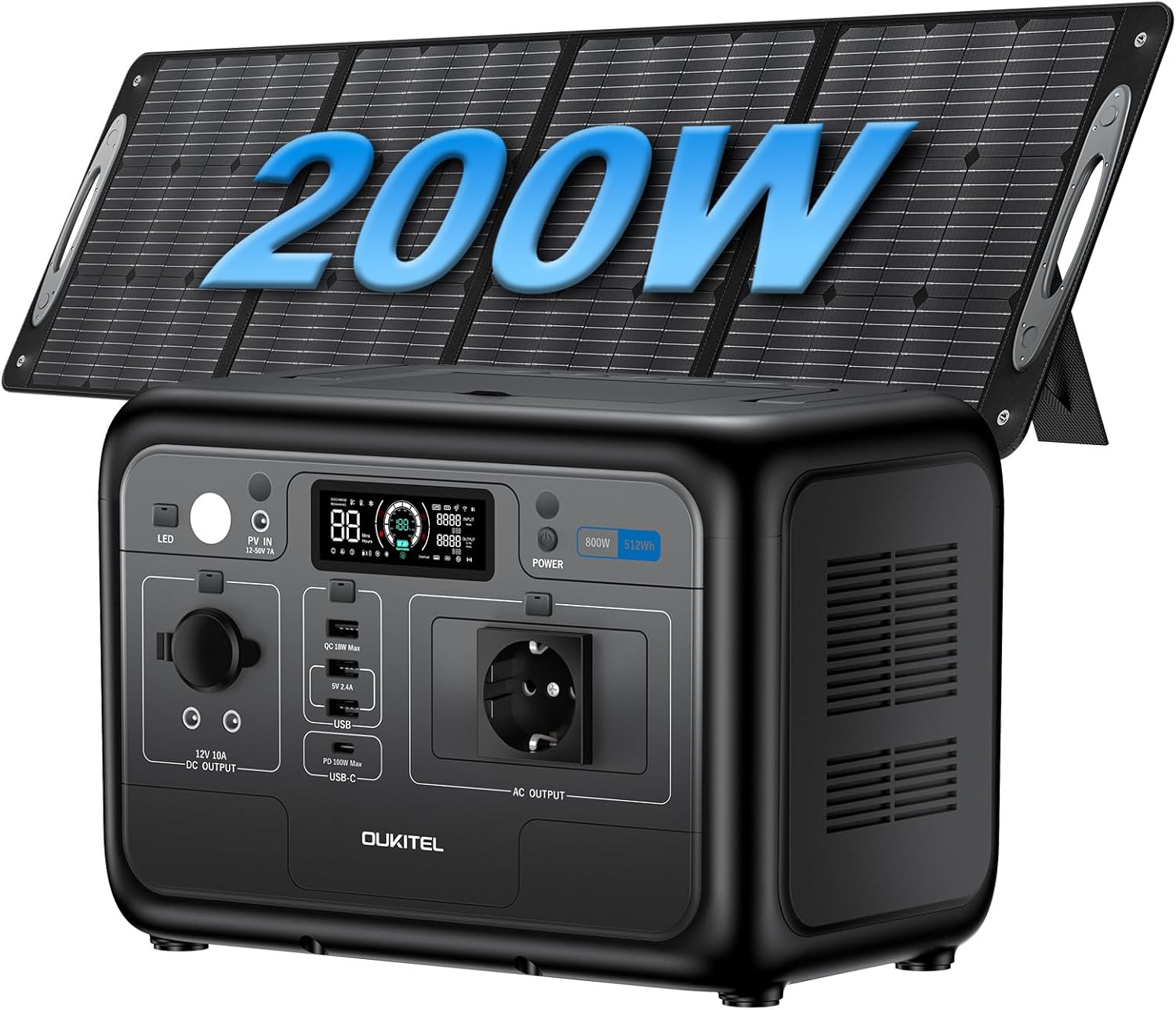 Estación de energía portátil OUKITEL P800E - Generador solar 512Wh LiFePO4 - Salida CA 800W pico 1600W - Panel solar plegable 200W - Carga rápida 1 hora - Camping y emergencias-Palolyhaven