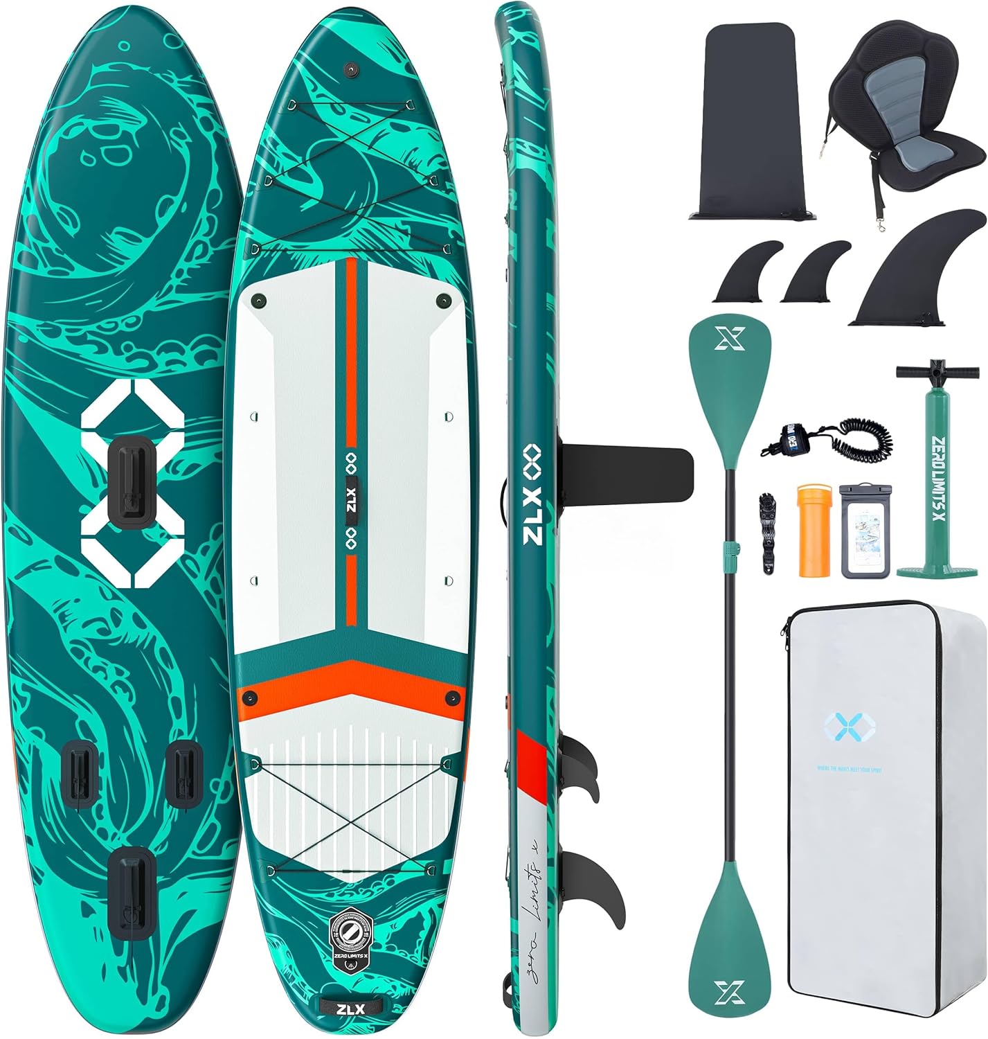 ZLX tabla paddle surf hinchable 350 cm - asiento incluido - PVC EVA - para 2 personas - olas verdes-Palolyhaven