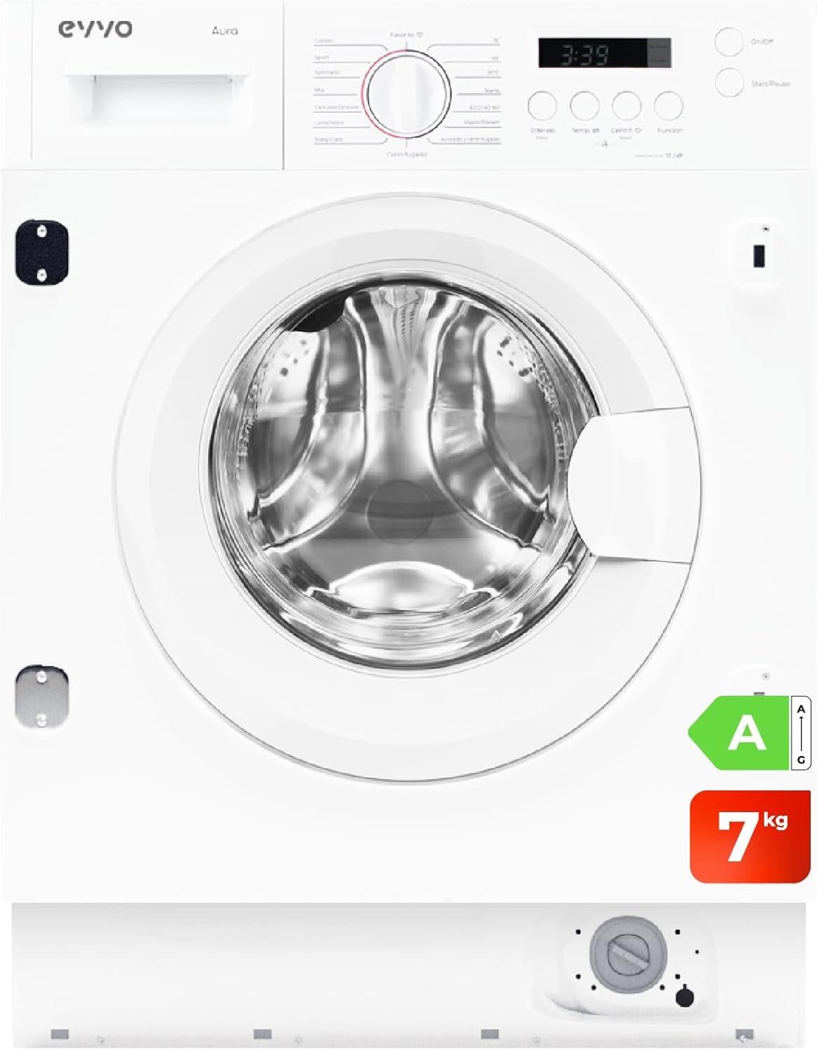 Lavadora Integrable EVVO Aura 7 kg 1350 RPM - Carga Frontal Motor Inverter Vapor Lavado Rápido 15 y 15 Programas-Palolyhaven