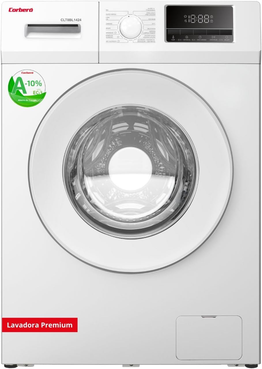 Corberó lavadora carga frontal premium 8kg CLT8BL1424 1400rpm motor inverter 16 programas inicio diferido 3-24h lavado rapido 15-30 min puerta XXL blanco-Palolyhaven
