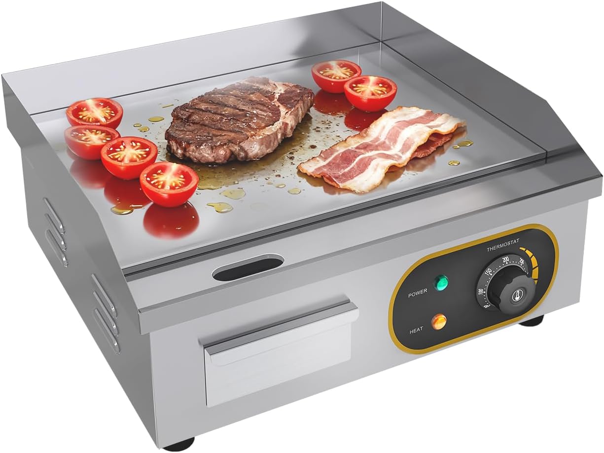 Plancha Eléctrica Profesional de Acero Inoxidable 45 x 40 cm - Parrilla Comercial 2500W con Control de Temperatura Regulable para Restaurante y Cocina Profesional-Palolyhaven
