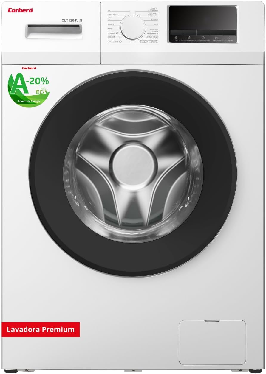 Lavadora Corberó Premium CLT1204VIN 12 kg 1400 RPM - Carga Frontal Motor Inverter Vapor Antialérgico Puerta XXL y 16 Programas-Palolyhaven