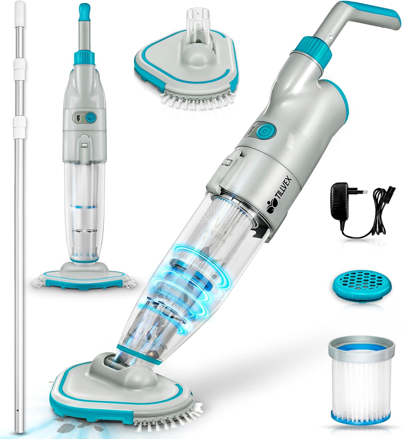tillvex limpiafondos eléctrico de piscina - aspirador inalámbrico - mango telescópico - filtro - 2 velocidades-Palolyhaven