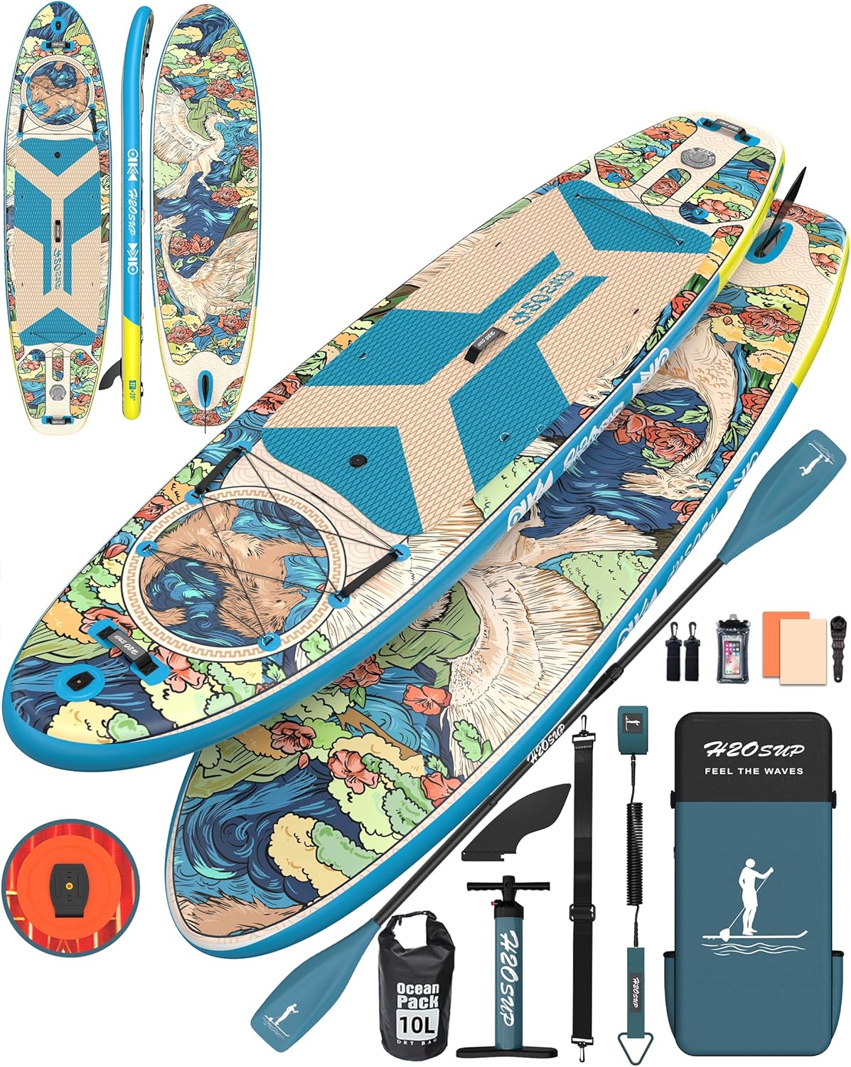 Tabla Paddle Surf Hinchable H2OSUP 335x88 cm - PVC Resistente - Azul - Capacidad 195 kg - Para 1 o 2 Personas con Accesorios Completos-Palolyhaven