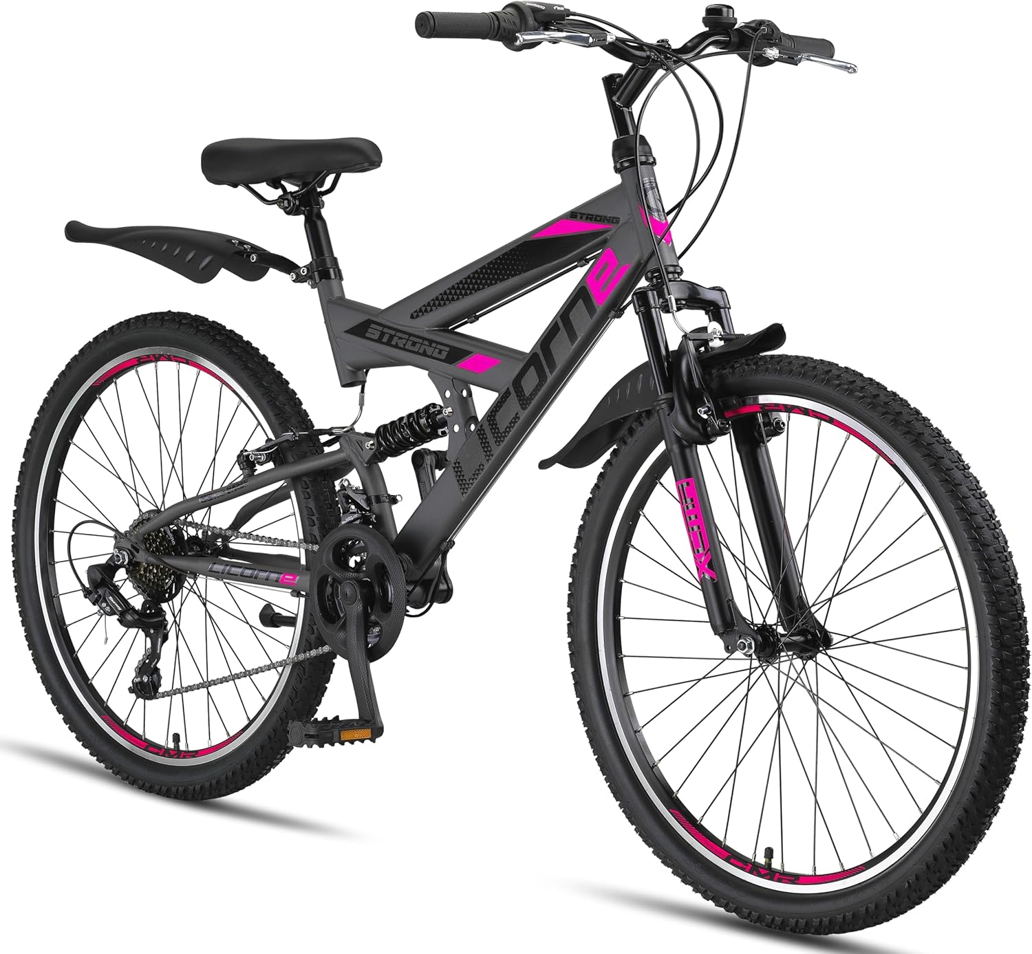 Licorne Strong Bike - Bicicleta de montaña prémium 26 pulgadas - 21 velocidades - suspensión completa - cuadro de acero aleado - gris antracita y rosa - para niños y adultos-Palolyhaven