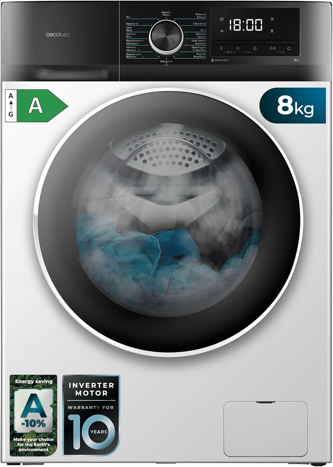 Lavadora Cecotec Bolero Dresscode 8500 Inverter A - carga frontal de 8 kg - 1400 rpm - 16 programas - SteamMax - motor Inverter Plus - blanca-Palolyhaven