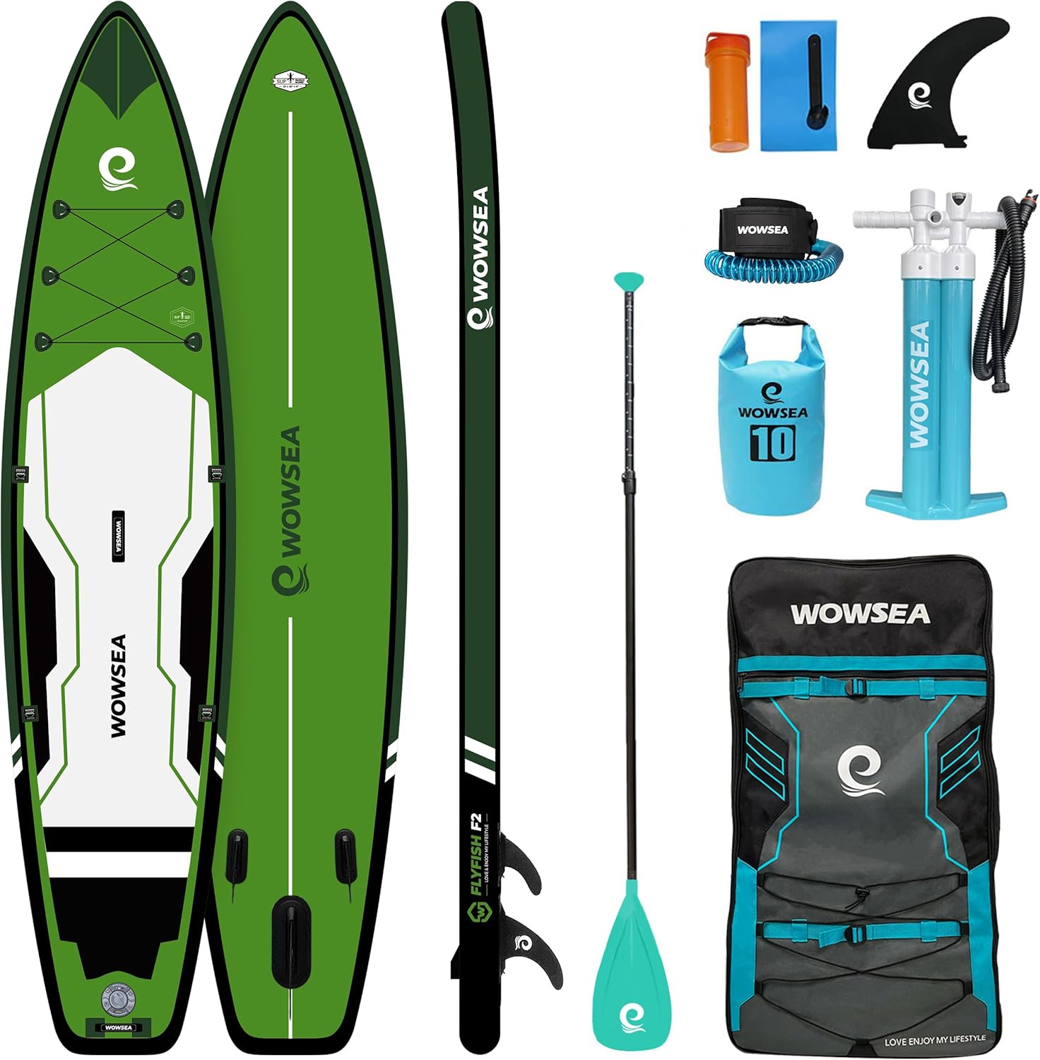 Tabla Paddle Surf Hinchable WOWSEA Flyfish F2 366x81x15 cm - PVC Resistente - Color Verde - Para Carreras Surf y Exploración - Con Kit de Accesorios-Palolyhaven