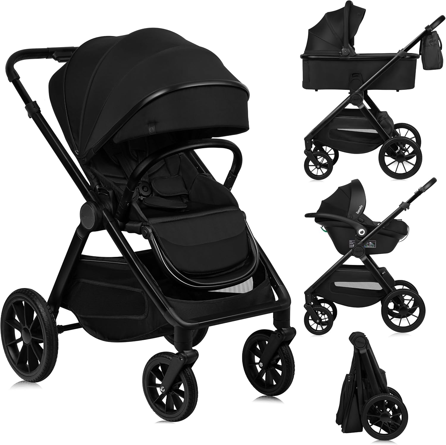 LIONELO LAYLA silla de paseo 3 en 1 cochecito bebé hasta 22 kg capazo 0-48 meses ajuste respaldo ruedas PU giratorias BLACK-ONYX-Palolyhaven